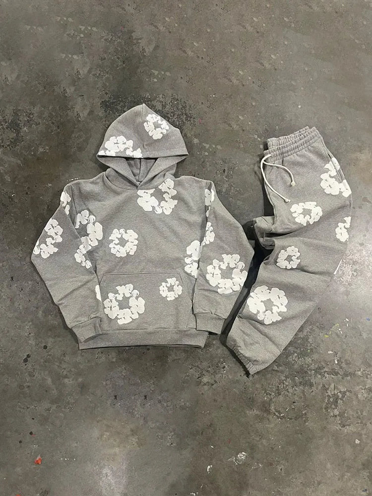 Men Flower Printed Hoodie With Sweatpants 2 Piece Set Long Sleeve Pullover Sweatershirt Suit Elastice Waist Trousers Outfits