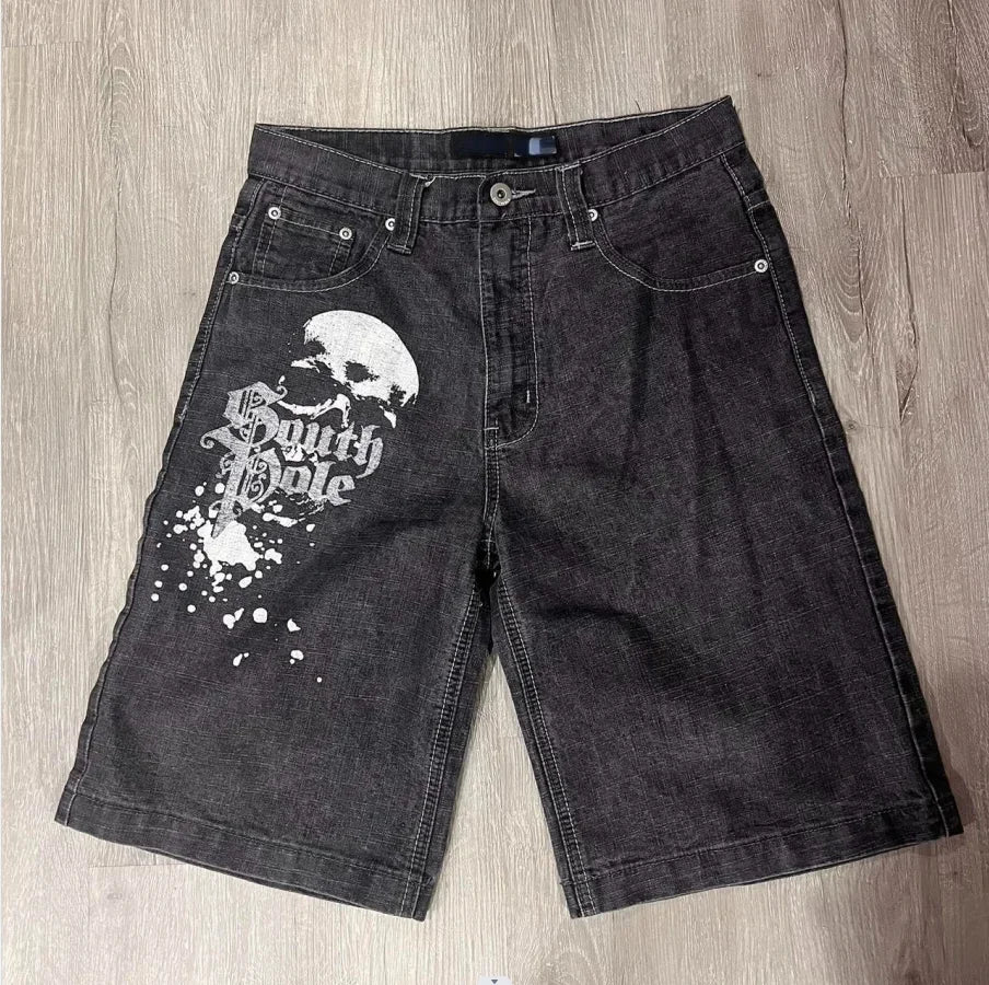 American Vintage Double-sided Pattern Loose Jeans Hip-hop Printed Shorts Goth Streetwear Y2k Harajuku Sweatpants Men Clothing