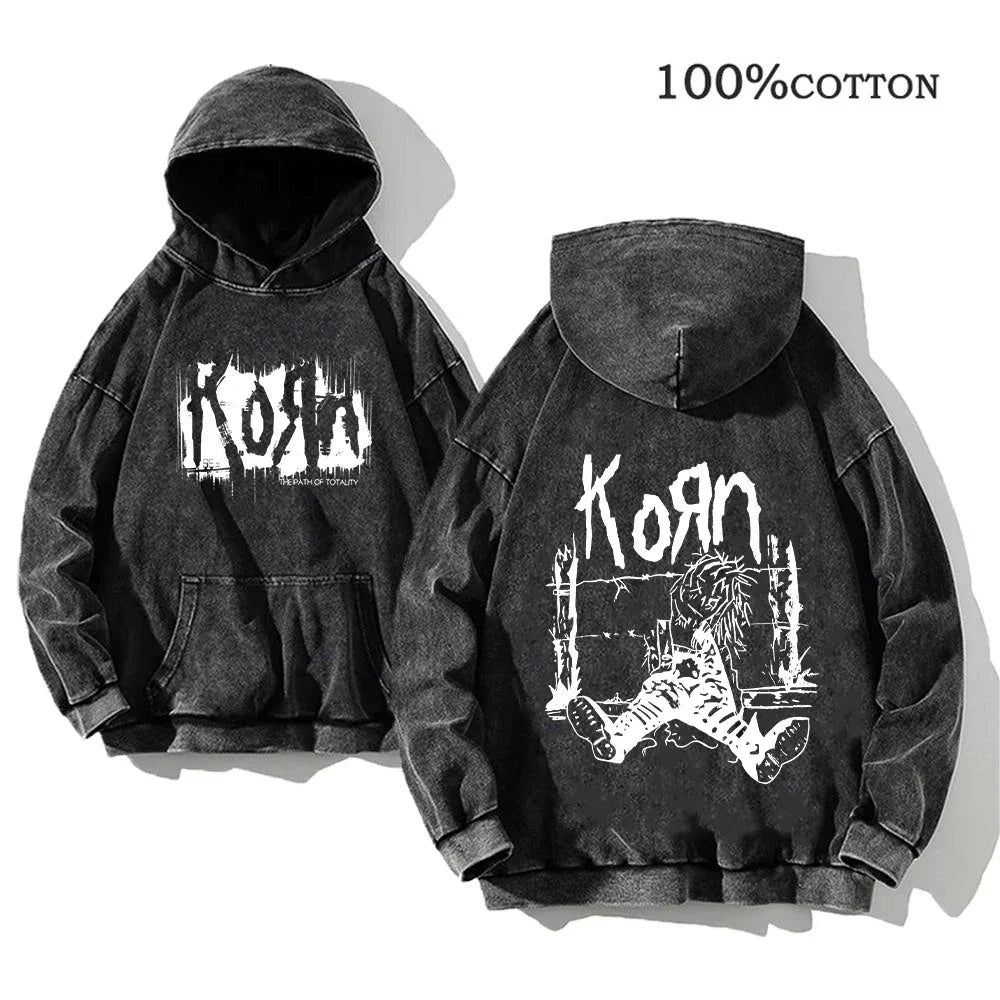 Korn Rock Band World Tour Hoodies Vintage Washed Men's Sweatshirts Cotton Hip Hop Streetwear Hooded Pullover Loose Y2K Tops