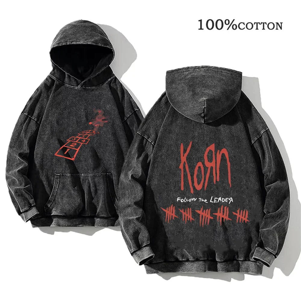 Korn Rock Band World Tour Hoodies Vintage Washed Men's Sweatshirts Cotton Hip Hop Streetwear Hooded Pullover Loose Y2K Tops