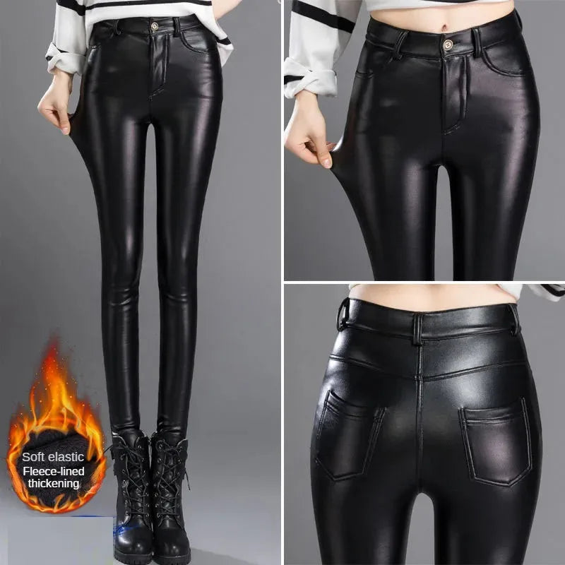 Cashmere PU Leather Pants Women's Autumn/Winter 2024 Thickened and Fleece High-Waisted Slim Fit Tight Warm Pants Leggings Black