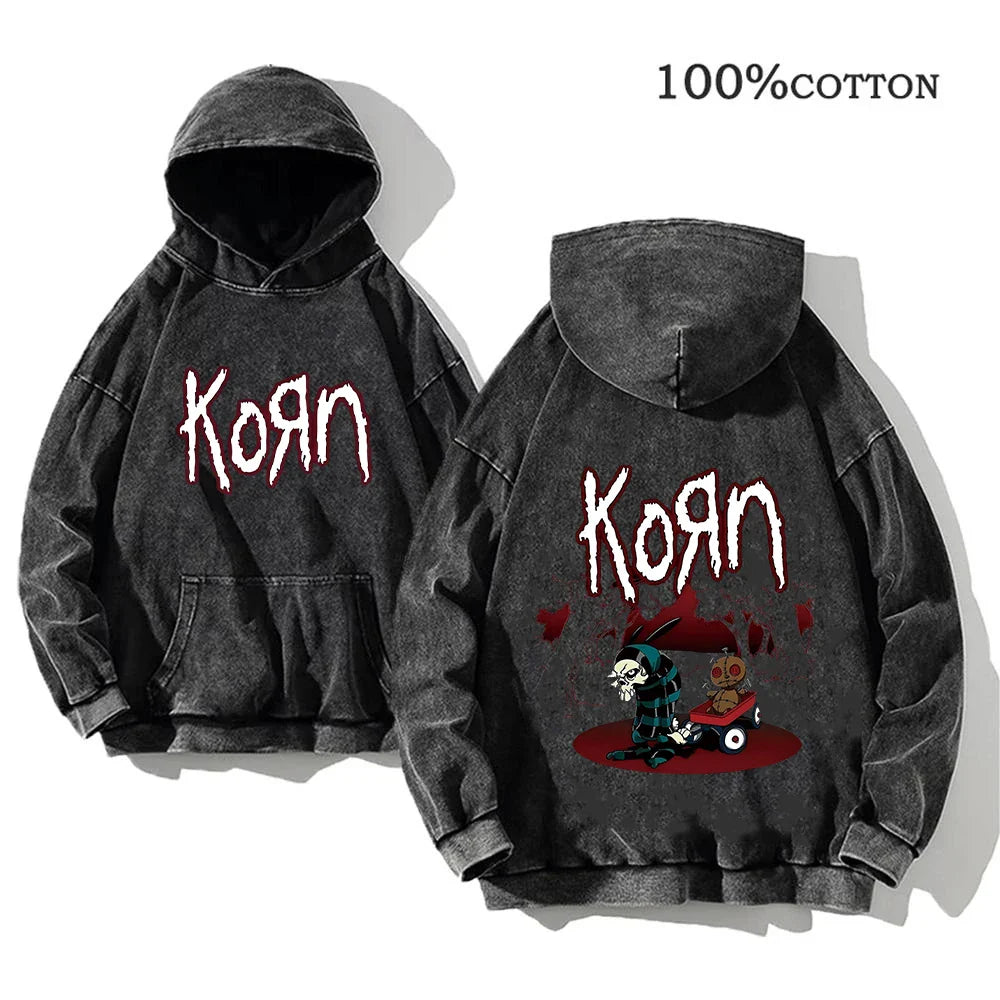 Korn Rock Band World Tour Hoodies Vintage Washed Men's Sweatshirts Cotton Hip Hop Streetwear Hooded Pullover Loose Y2K Tops