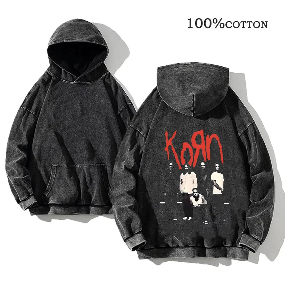 Korn Rock Band World Tour Hoodies Vintage Washed Men's Sweatshirts Cotton Hip Hop Streetwear Hooded Pullover Loose Y2K Tops