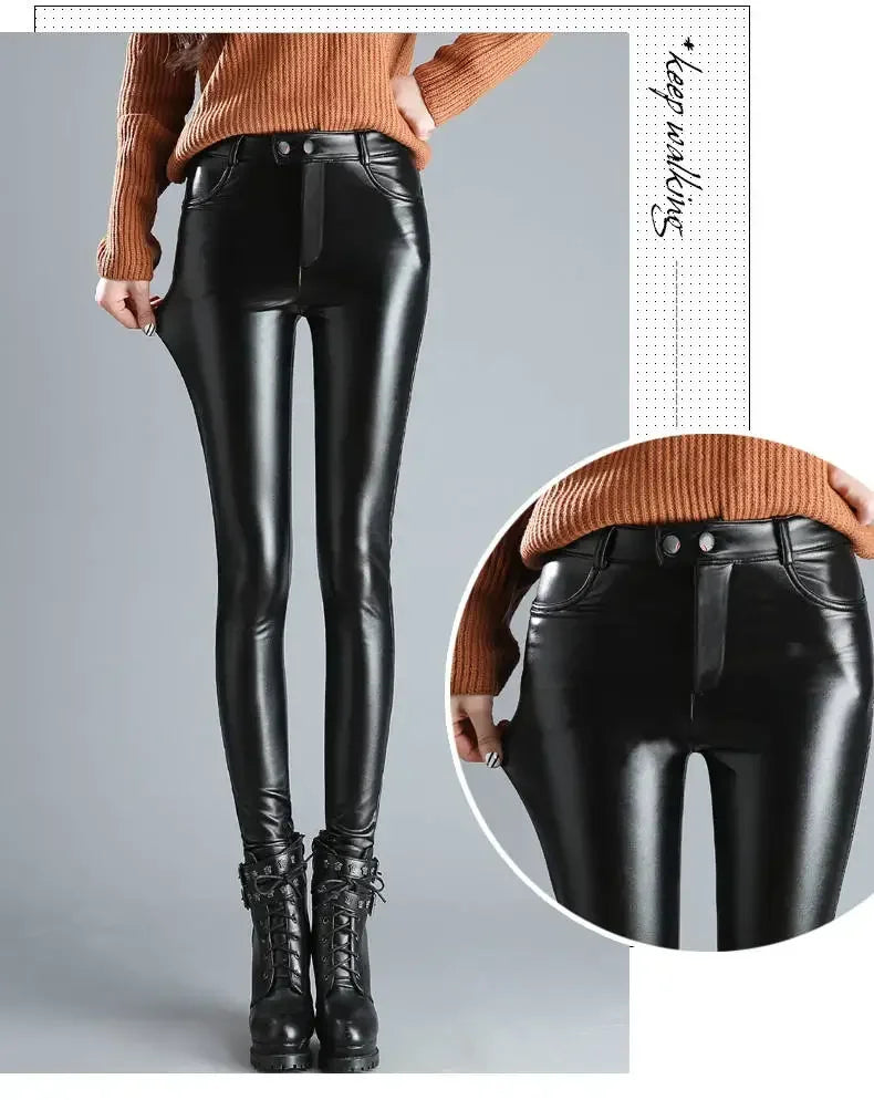 Cashmere PU Leather Pants Women's Autumn/Winter 2024 Thickened and Fleece High-Waisted Slim Fit Tight Warm Pants Leggings Black