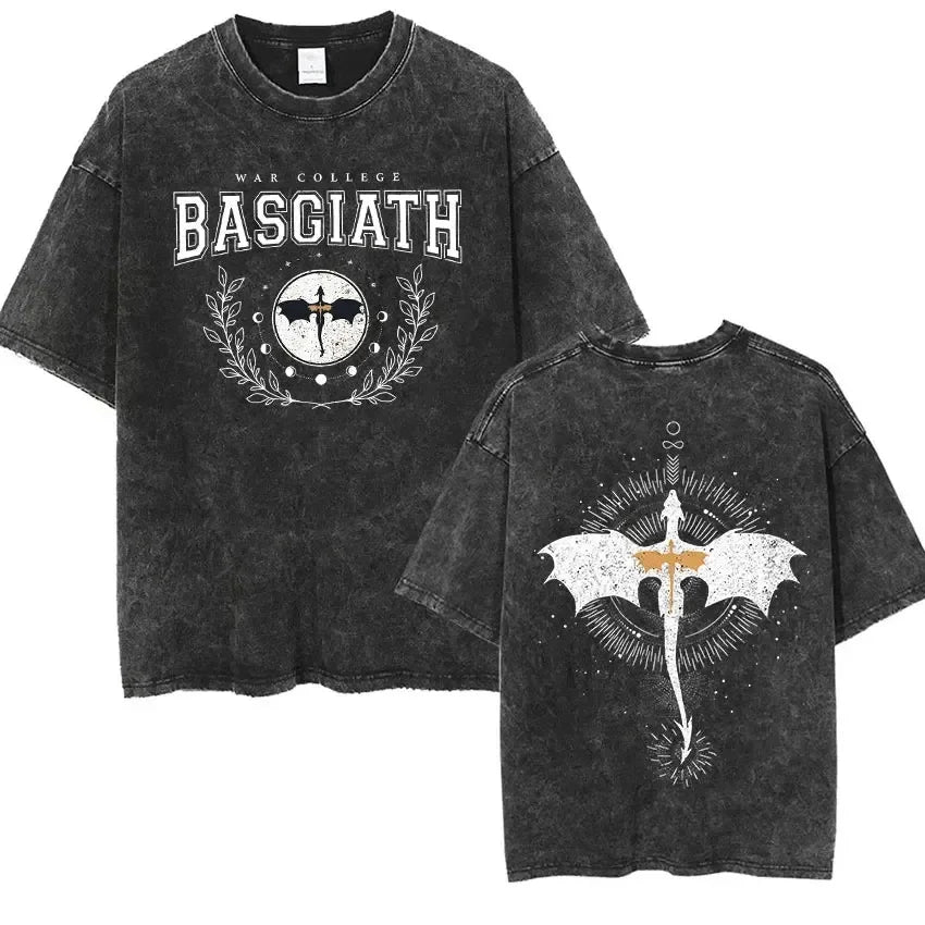 Basgiath War College Vintage Washed T Shirt Fourth Wing Dragon Rider Aesthetic Clothing T-shirt Men Women Fashion Oversized Tees