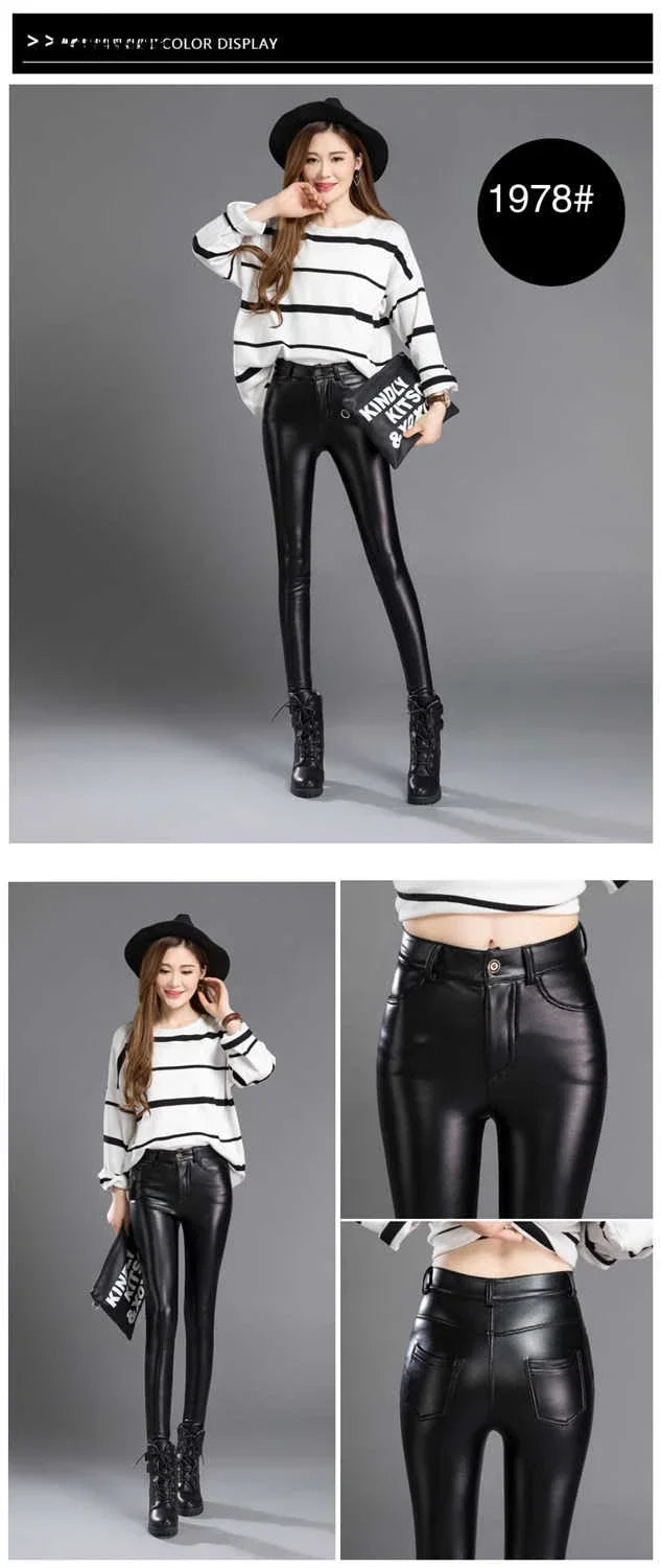 Cashmere PU Leather Pants Women's Autumn/Winter 2024 Thickened and Fleece High-Waisted Slim Fit Tight Warm Pants Leggings Black