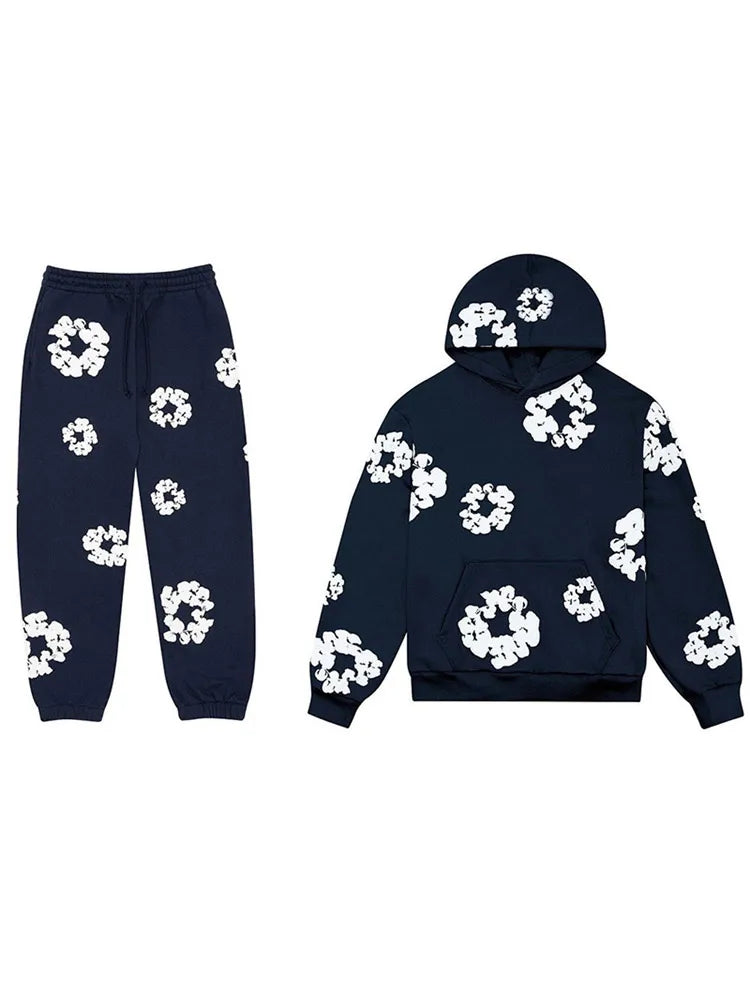 Men Flower Printed Hoodie With Sweatpants 2 Piece Set Long Sleeve Pullover Sweatershirt Suit Elastice Waist Trousers Outfits