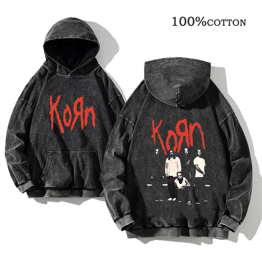 Korn Rock Band World Tour Hoodies Vintage Washed Men's Sweatshirts Cotton Hip Hop Streetwear Hooded Pullover Loose Y2K Tops