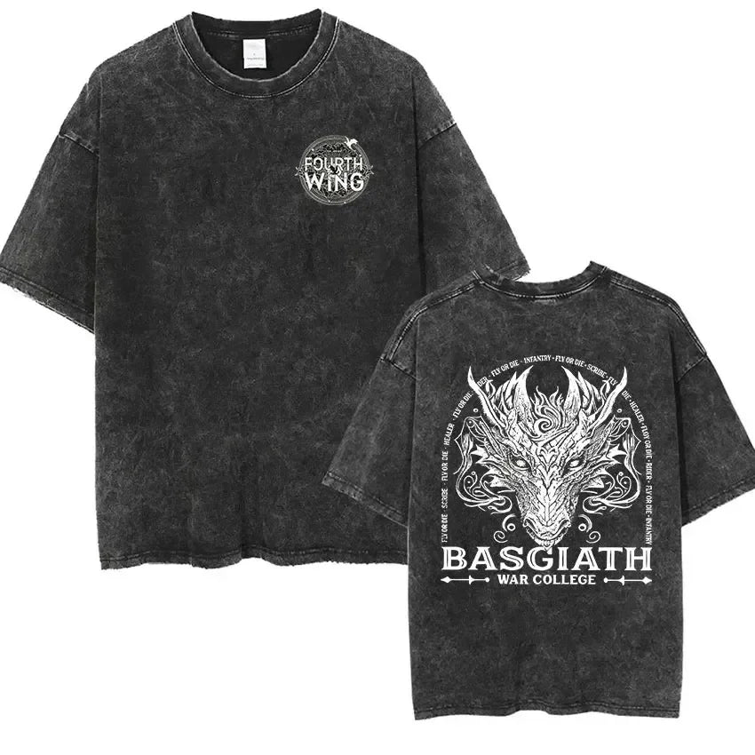 Basgiath War College Vintage Washed T Shirt Fourth Wing Dragon Rider Aesthetic Clothing T-shirt Men Women Fashion Oversized Tees