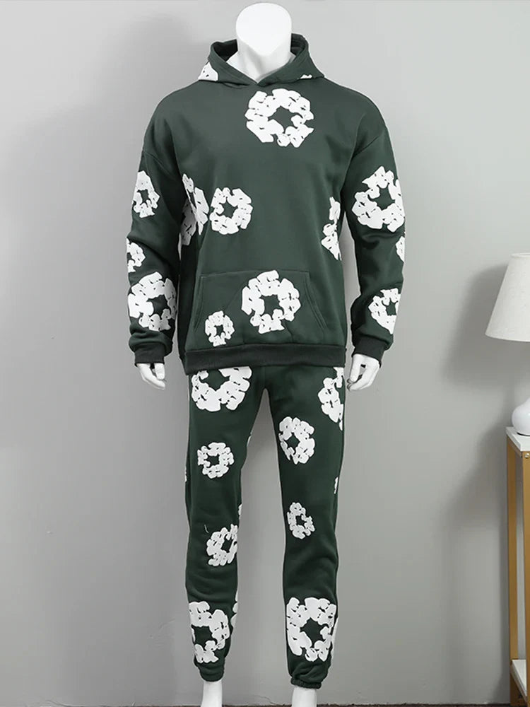 Men Flower Printed Hoodie With Sweatpants 2 Piece Set Long Sleeve Pullover Sweatershirt Suit Elastice Waist Trousers Outfits