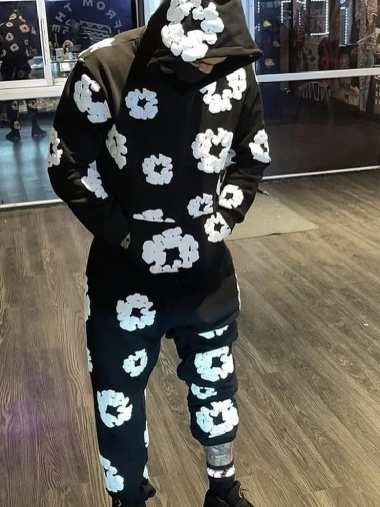 Men Flower Printed Hoodie With Sweatpants 2 Piece Set Long Sleeve Pullover Sweatershirt Suit Elastice Waist Trousers Outfits