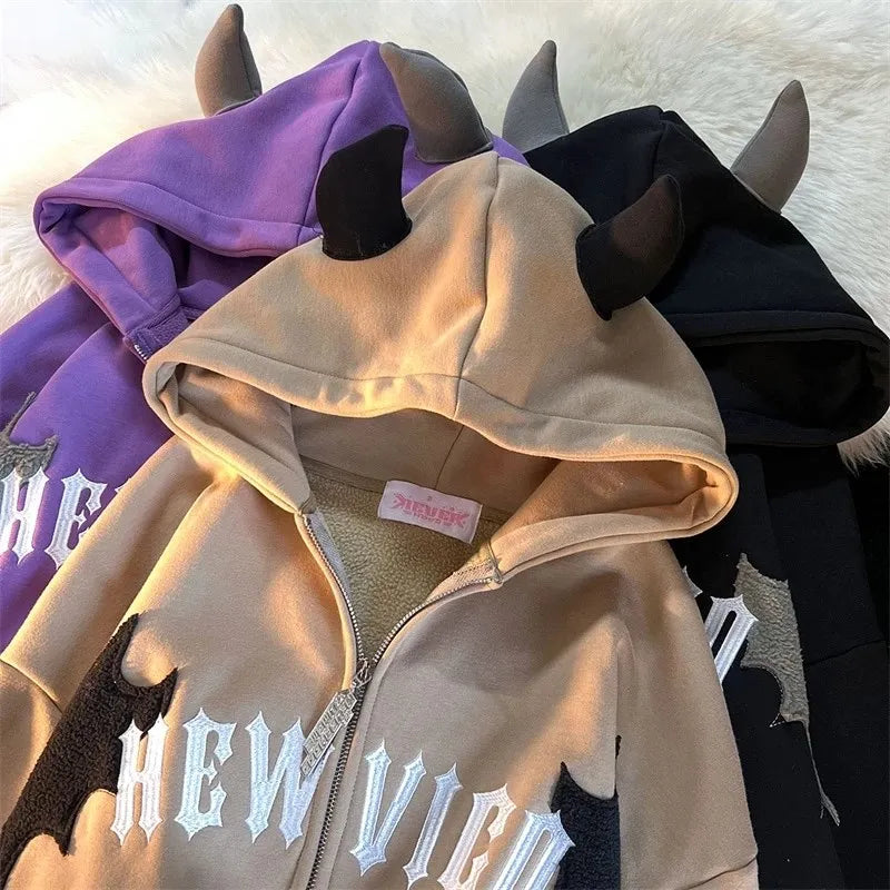 Horn Hoodie Hip Hop Horn Wings Vintage Hooded Thick Oversize Sweatshirt Grunge Y2K Top Oversized Cardigan Zipper Jacket Clothes