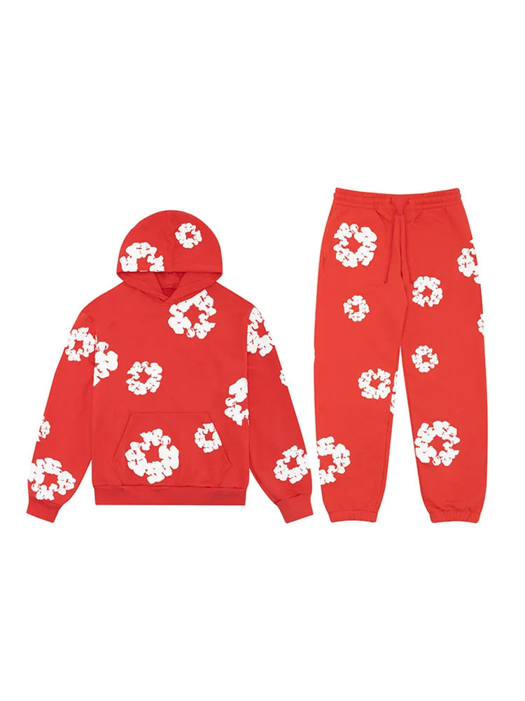 Men Flower Printed Hoodie With Sweatpants 2 Piece Set Long Sleeve Pullover Sweatershirt Suit Elastice Waist Trousers Outfits