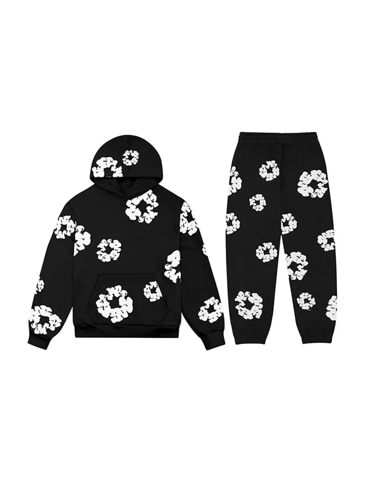 Men Flower Printed Hoodie With Sweatpants 2 Piece Set Long Sleeve Pullover Sweatershirt Suit Elastice Waist Trousers Outfits