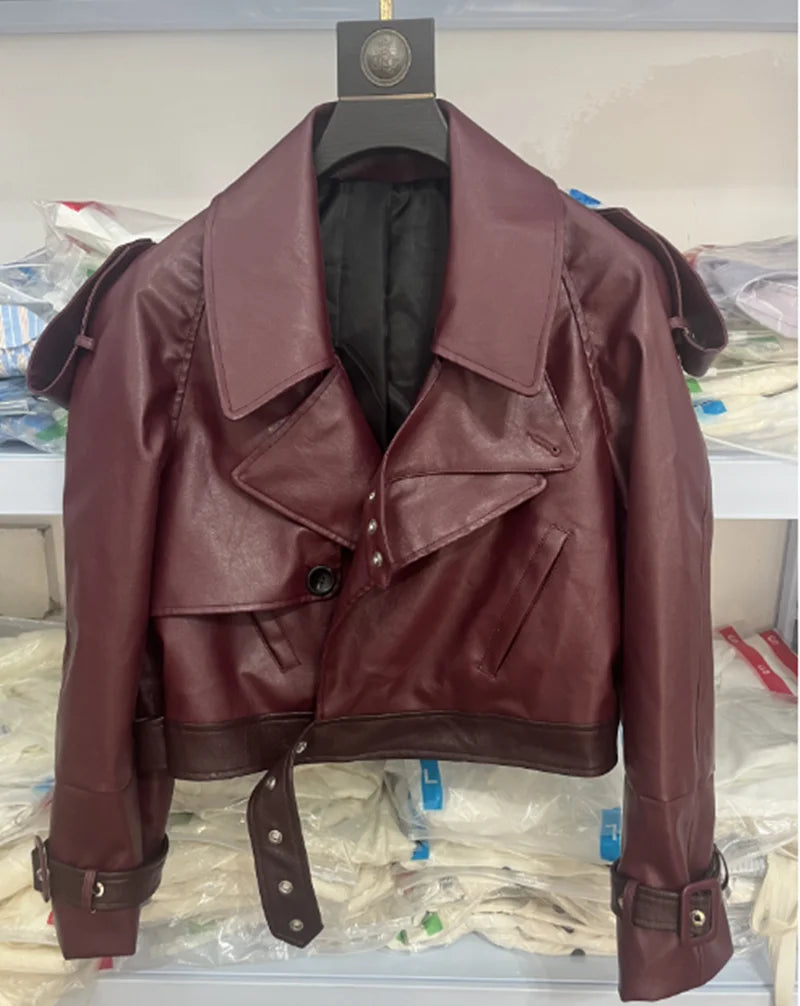 Fashion Lapel Pu Leather Belt Crop Coat Women Elegant Long Sleeved Zipper Pocket Pu Jackets 2024 New Lady Streetwears Clothing