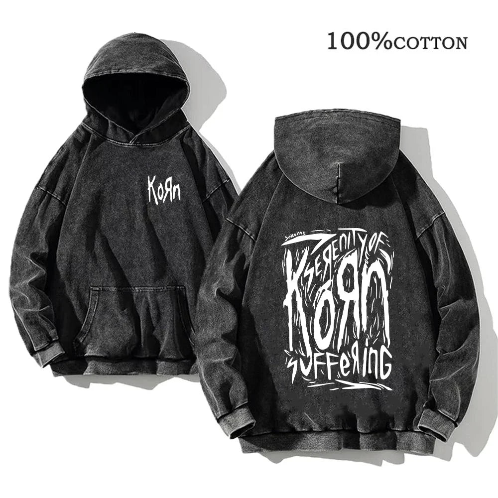 Korn Rock Band World Tour Hoodies Vintage Washed Men's Sweatshirts Cotton Hip Hop Streetwear Hooded Pullover Loose Y2K Tops