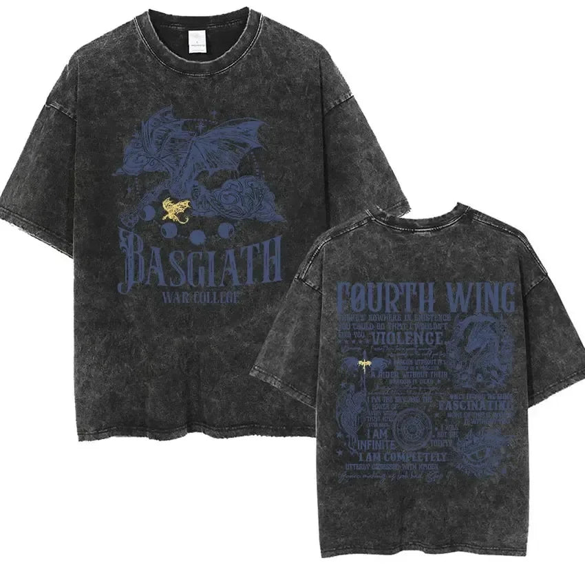 Basgiath War College Vintage Washed T Shirt Fourth Wing Dragon Rider Aesthetic Clothing T-shirt Men Women Fashion Oversized Tees