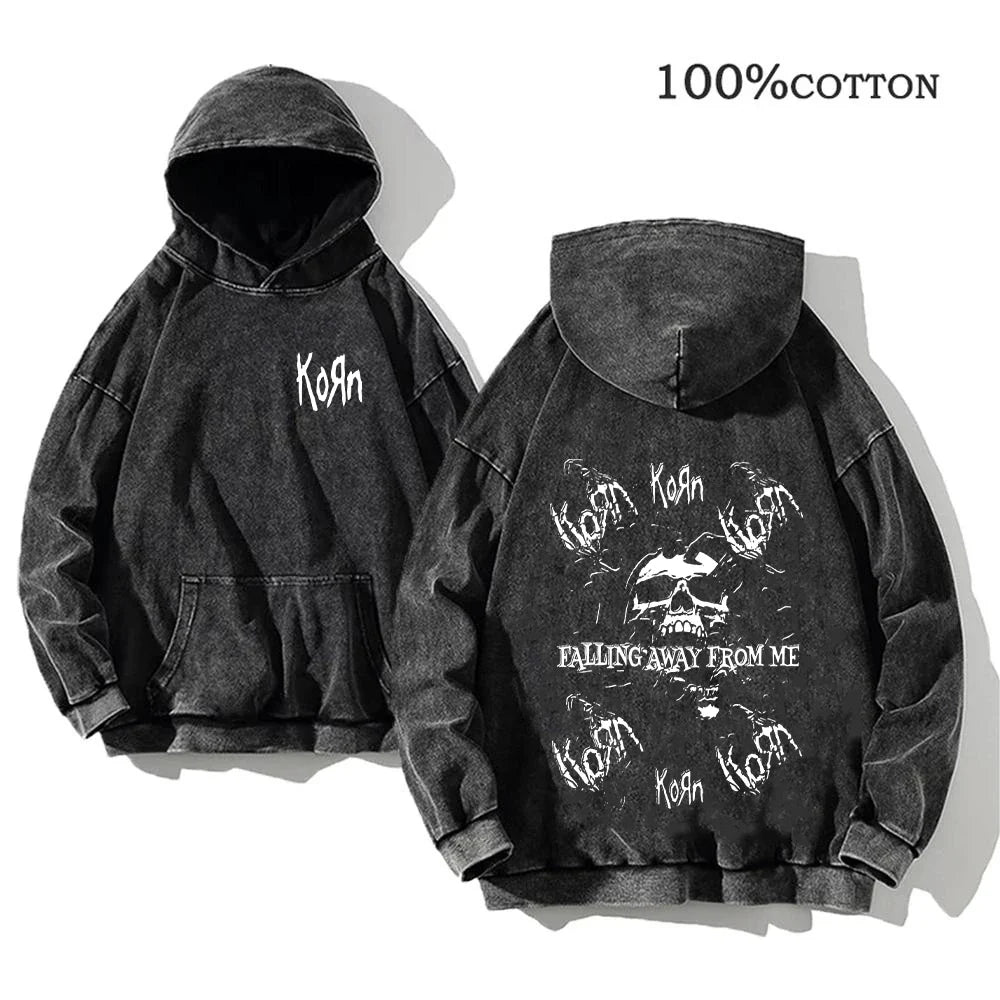 Korn Rock Band World Tour Hoodies Vintage Washed Men's Sweatshirts Cotton Hip Hop Streetwear Hooded Pullover Loose Y2K Tops