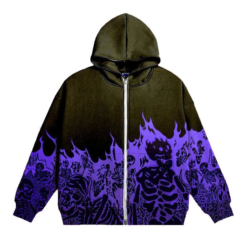 Anime Skull Pattern Men's Hoodies Y2K Streetwear Retro Gothic Blast Print Sweatshirt Men Harajuku Zipper Cardigan Hoodie