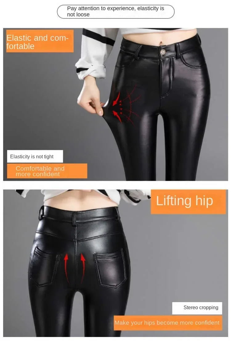 Cashmere PU Leather Pants Women's Autumn/Winter 2024 Thickened and Fleece High-Waisted Slim Fit Tight Warm Pants Leggings Black