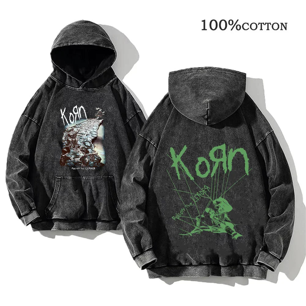 Korn Rock Band World Tour Hoodies Vintage Washed Men's Sweatshirts Cotton Hip Hop Streetwear Hooded Pullover Loose Y2K Tops