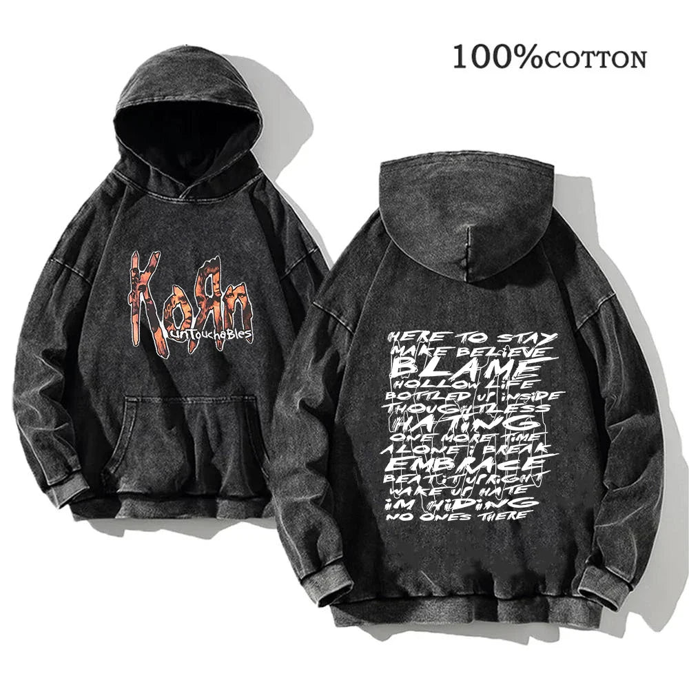 Korn Rock Band World Tour Hoodies Vintage Washed Men's Sweatshirts Cotton Hip Hop Streetwear Hooded Pullover Loose Y2K Tops