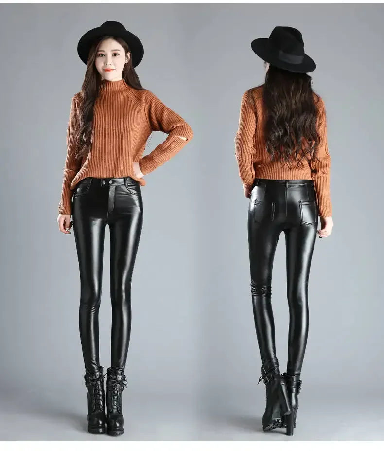 Cashmere PU Leather Pants Women's Autumn/Winter 2024 Thickened and Fleece High-Waisted Slim Fit Tight Warm Pants Leggings Black