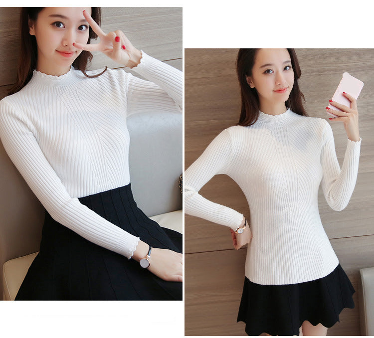 EVNISI Autumn Women Mock Neck Ruffles Sweater Long Sleeve Knitted Bottoming Solid Pullovers Stripe Women Casual Sweater Winter