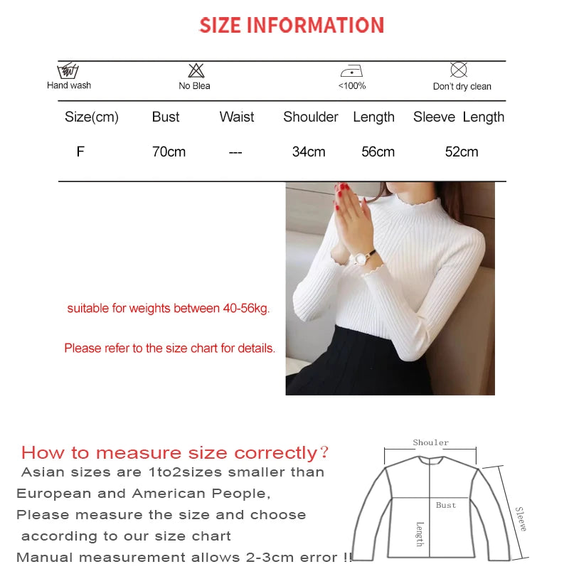 EVNISI Autumn Women Mock Neck Ruffles Sweater Long Sleeve Knitted Bottoming Solid Pullovers Stripe Women Casual Sweater Winter